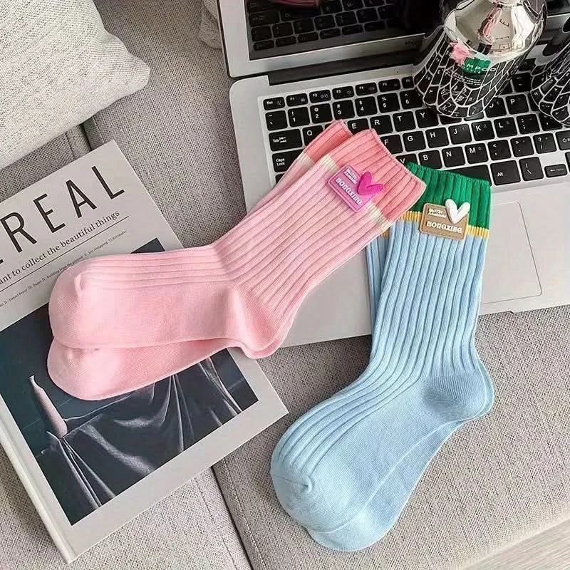4 Pairs Women’s Dopamine Color Socks – Trendy Patchwork