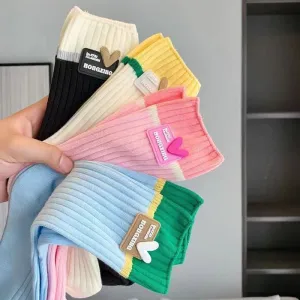 4 Pairs Women’s Dopamine Color Socks – Trendy Patchwork