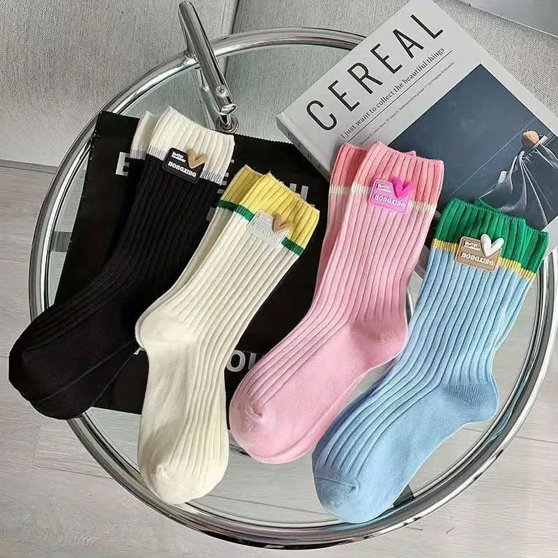 4 Pairs Women’s Dopamine Color Socks – Trendy Patchwork