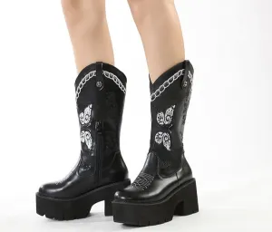 Amozae-Thanksgiving    Retro Knight Cowboy Boots Woemn Butterfly Embroidered New Winter British Style Western Boots Platform Thick Heel