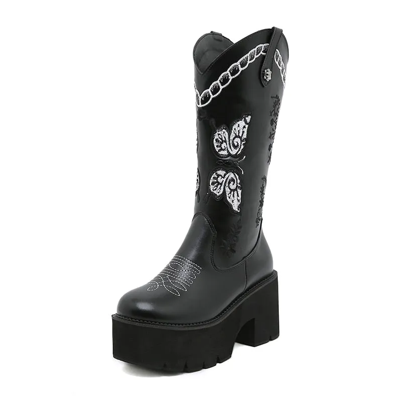 Amozae-Thanksgiving    Retro Knight Cowboy Boots Woemn Butterfly Embroidered New Winter British Style Western Boots Platform Thick Heel