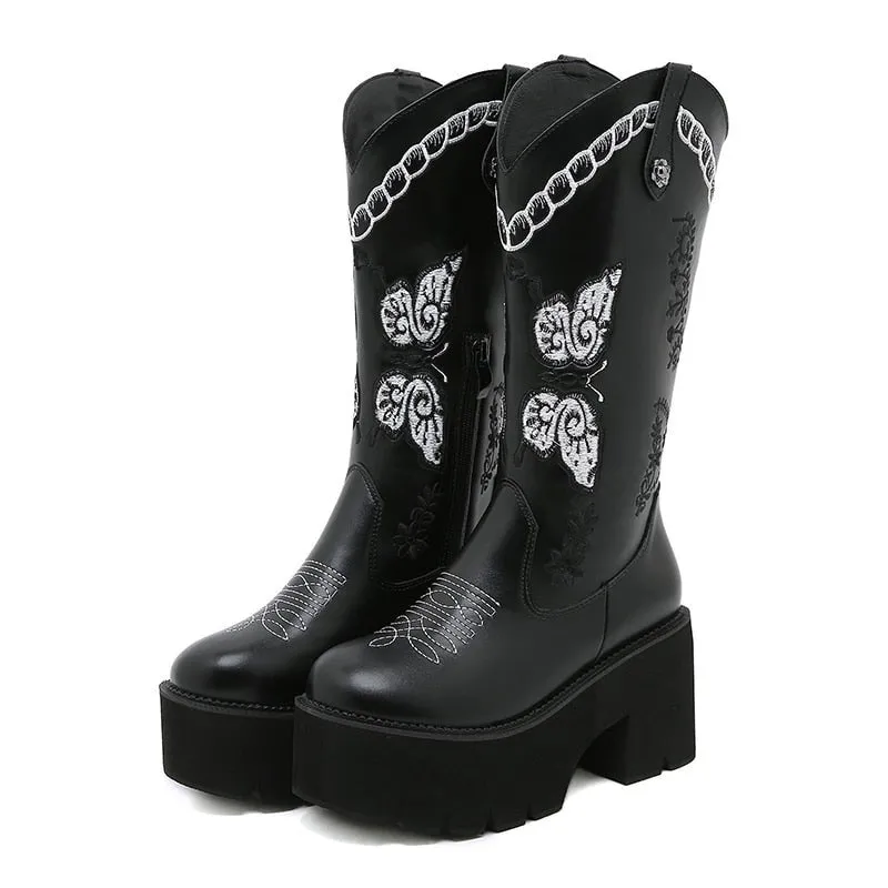 Amozae-Thanksgiving    Retro Knight Cowboy Boots Woemn Butterfly Embroidered New Winter British Style Western Boots Platform Thick Heel