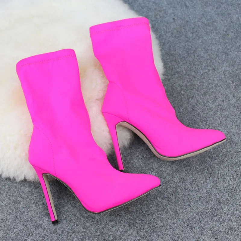 Amozae-Women Fetish Silk Sock Boots 11.5cm High Heels Stretch Fashion Heels Peach Ankle Boots Peach Rose Red Plus Size 43 Shoes