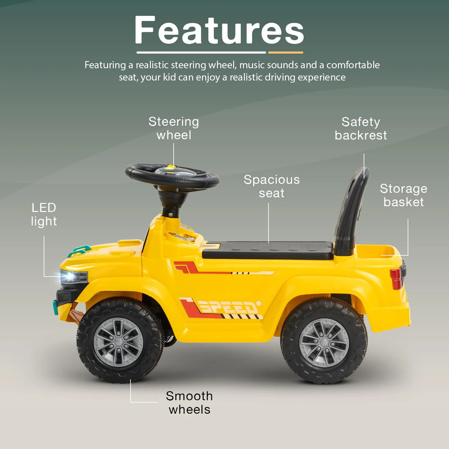 BAYBEE Baby Ride On Car for Kids,Push Ride On Toy Jeep with Music&Led Light,Toddlers Push Ride Baby Kids Car with Backrest,Under Seat Storage to Steering Wheel Drive 1 to 4 Years Old Kids (Speedy)
