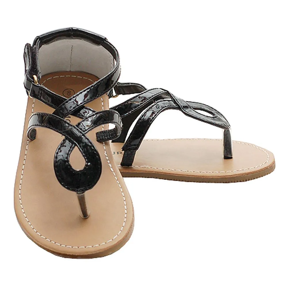 Black Patent Scroll Style Adjustable Flip Flop Sandals Little Girl 7-4