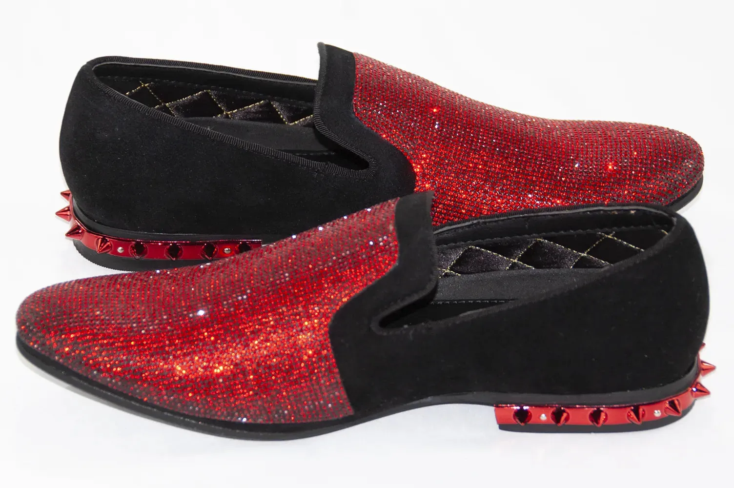 Black Velvet & Red Rhinestone Spiked Heel Loafers