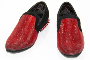 Black Velvet & Red Rhinestone Spiked Heel Loafers