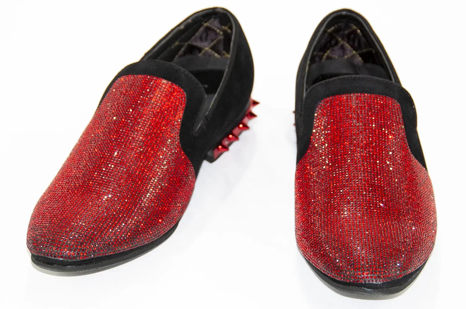 Black Velvet & Red Rhinestone Spiked Heel Loafers