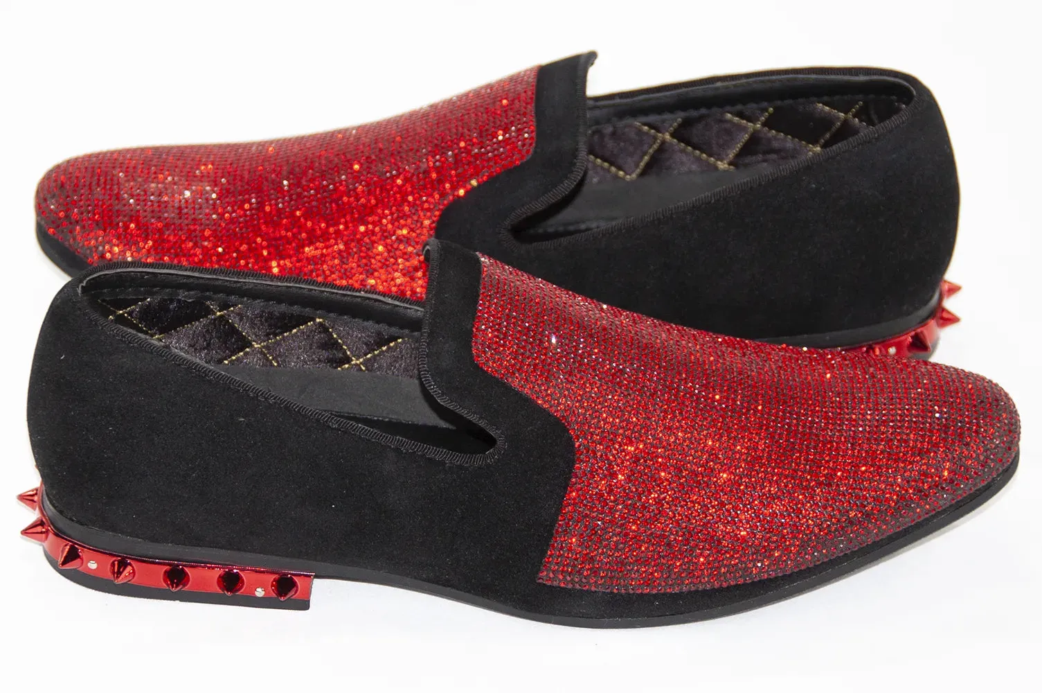 Black Velvet & Red Rhinestone Spiked Heel Loafers