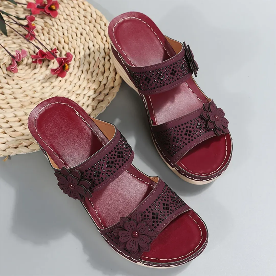 Blisscomfy Retro Studded Flowers Arch Support Slide Sandals