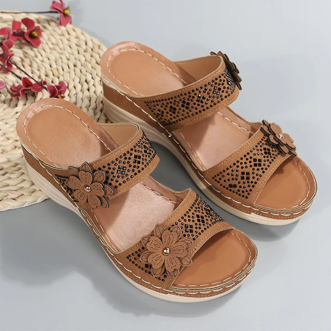 Blisscomfy Retro Studded Flowers Arch Support Slide Sandals