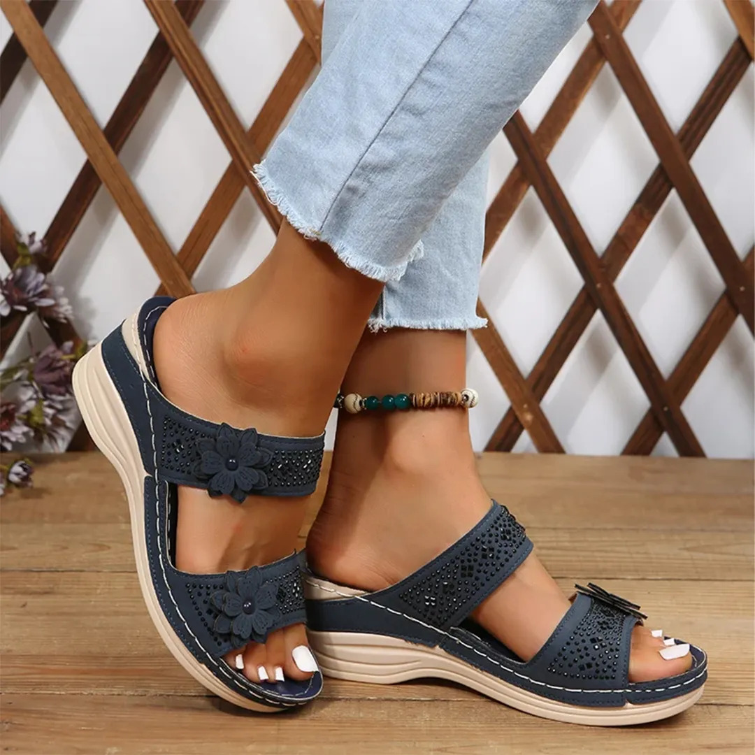 Blisscomfy Retro Studded Flowers Arch Support Slide Sandals