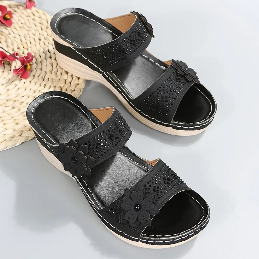 Blisscomfy Retro Studded Flowers Arch Support Slide Sandals