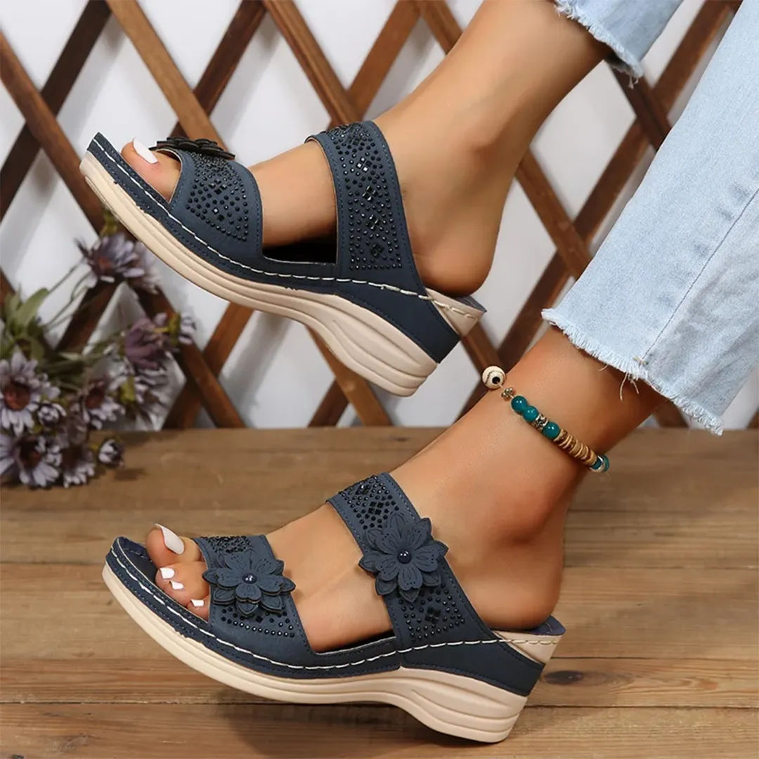 Blisscomfy Retro Studded Flowers Arch Support Slide Sandals