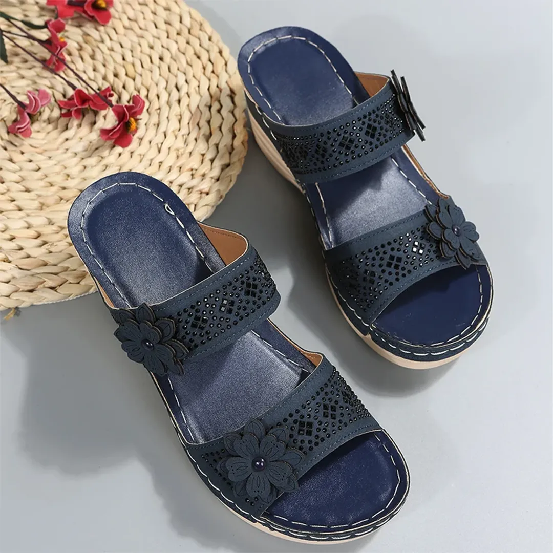 Blisscomfy Retro Studded Flowers Arch Support Slide Sandals