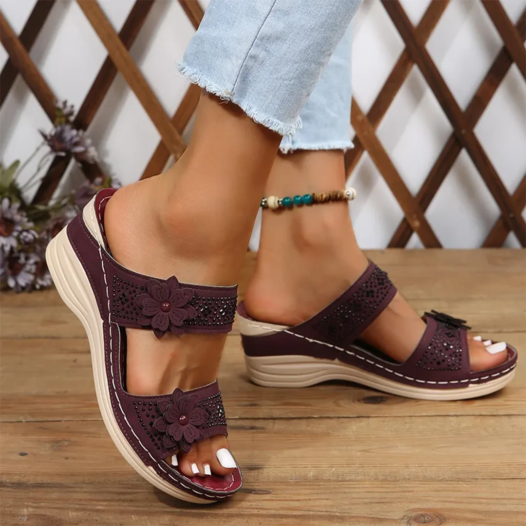 Blisscomfy Retro Studded Flowers Arch Support Slide Sandals
