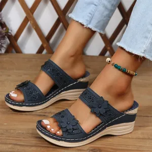 Blisscomfy Retro Studded Flowers Arch Support Slide Sandals