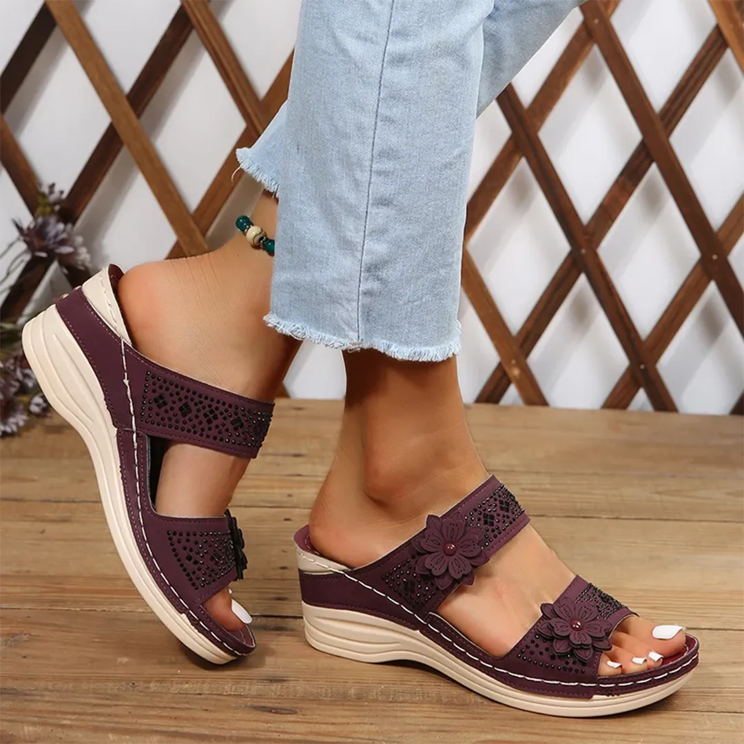 Blisscomfy Retro Studded Flowers Arch Support Slide Sandals