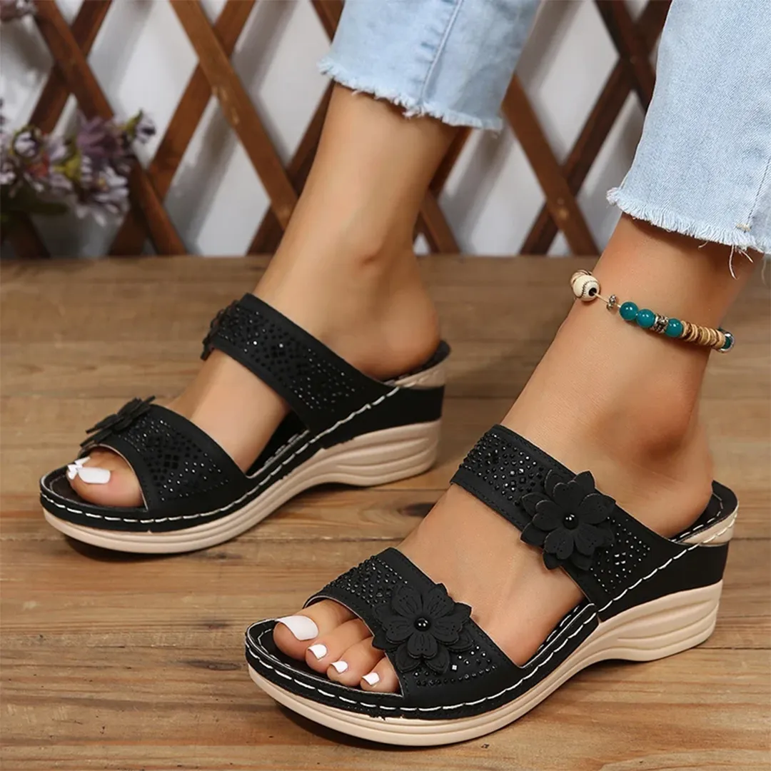 Blisscomfy Retro Studded Flowers Arch Support Slide Sandals