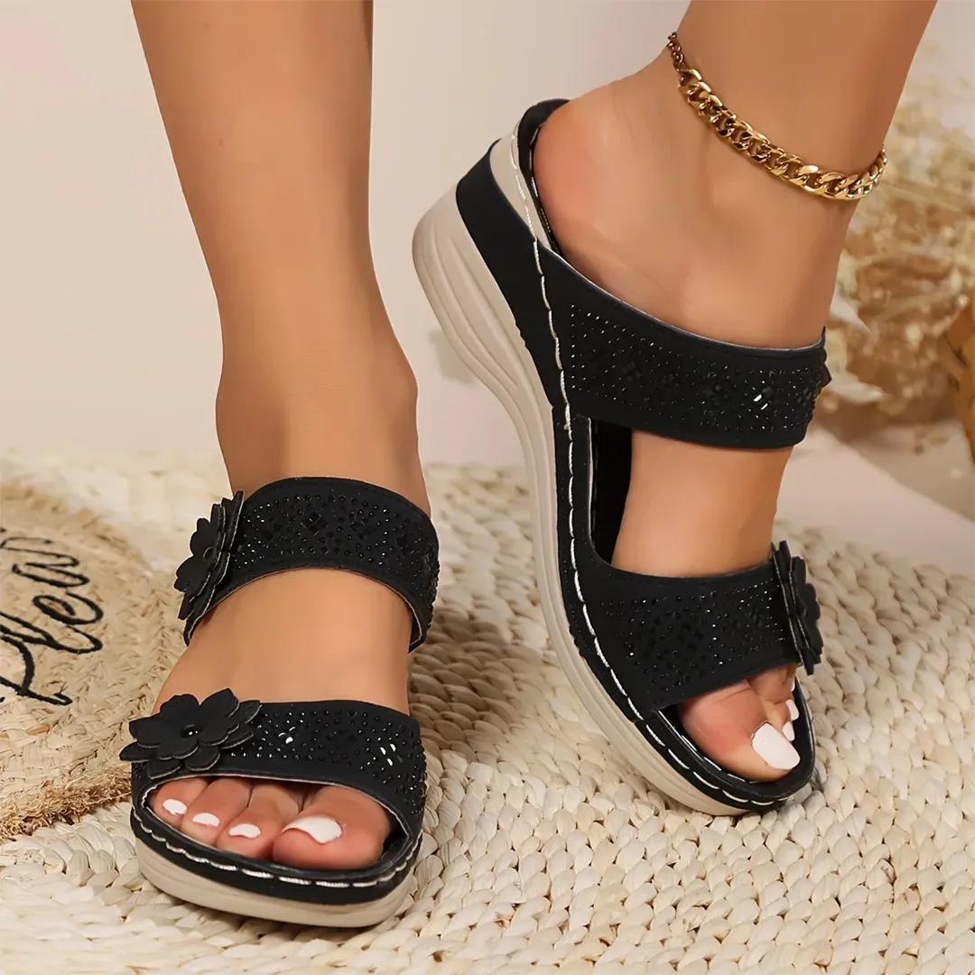 Blisscomfy Retro Studded Flowers Arch Support Slide Sandals