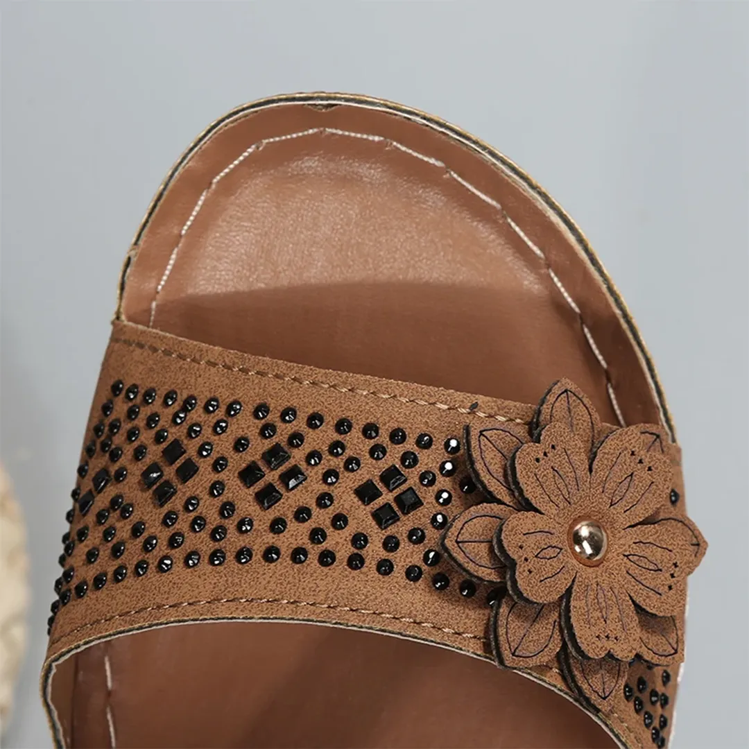 Blisscomfy Retro Studded Flowers Arch Support Slide Sandals