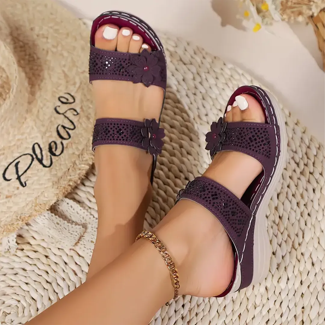 Blisscomfy Retro Studded Flowers Arch Support Slide Sandals