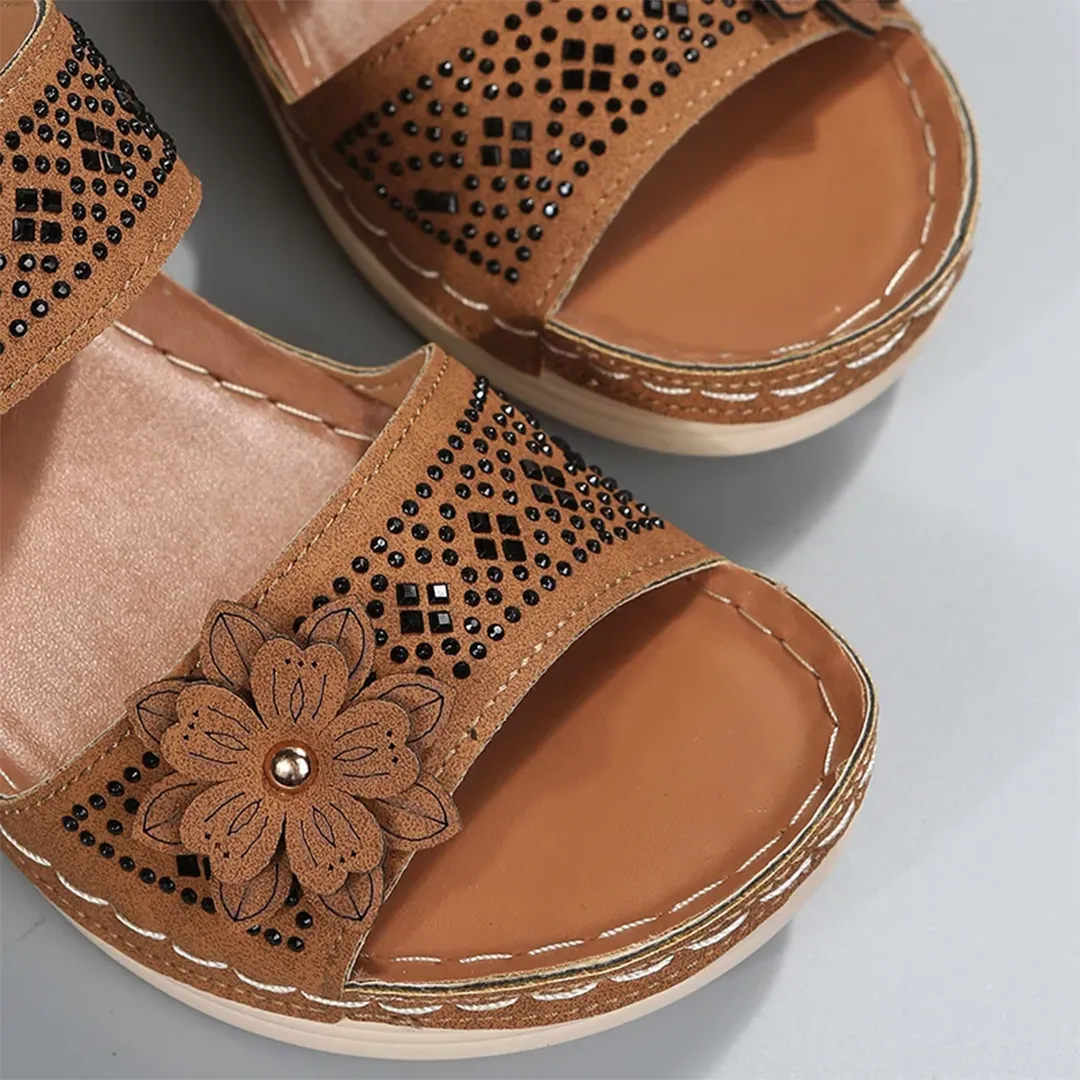 Blisscomfy Retro Studded Flowers Arch Support Slide Sandals