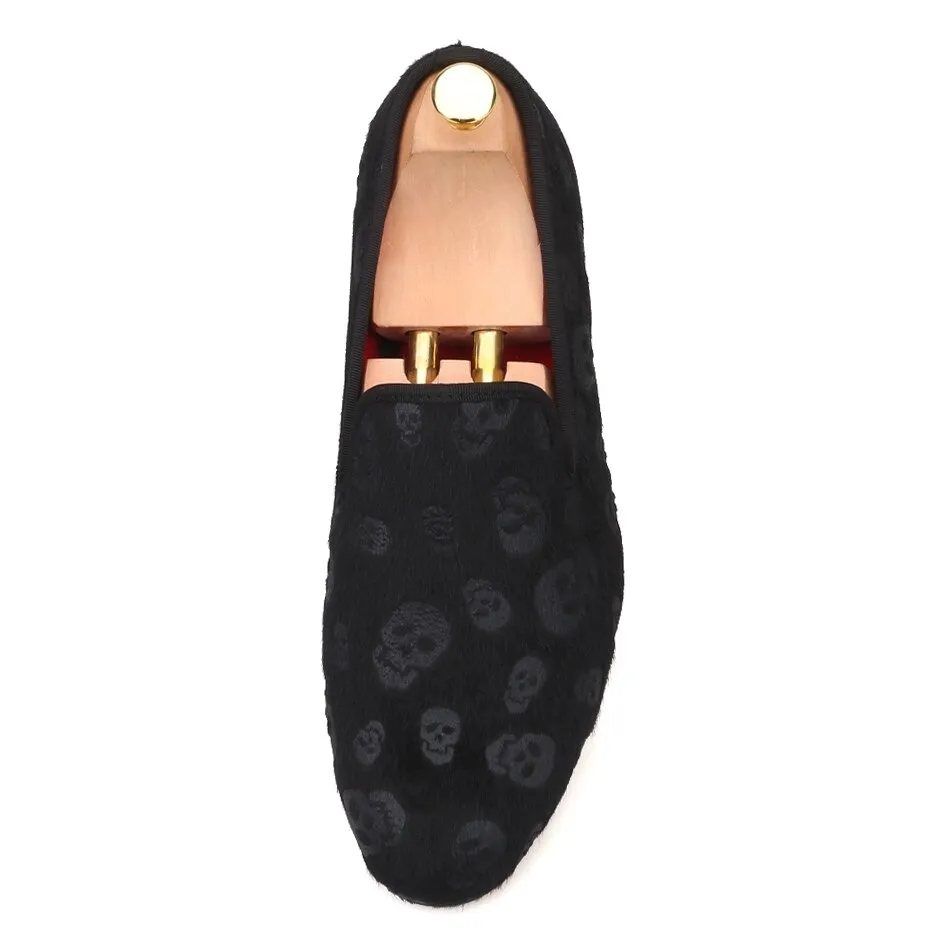 CLEARANCE / Skull Design Cool Rock Style Loafers / Stylish Black Velvet Men Shoes