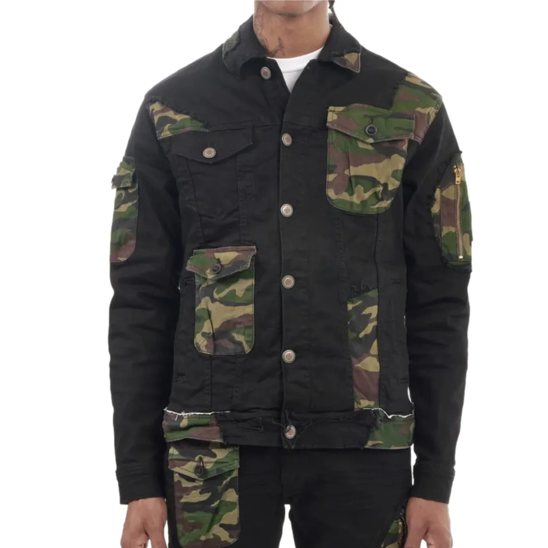 COPPER RIVET CAMO POCKET DENIM JACKET BLACK