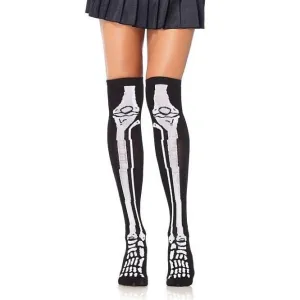Cotton Blend Skeleton Print Over The Knee Socks