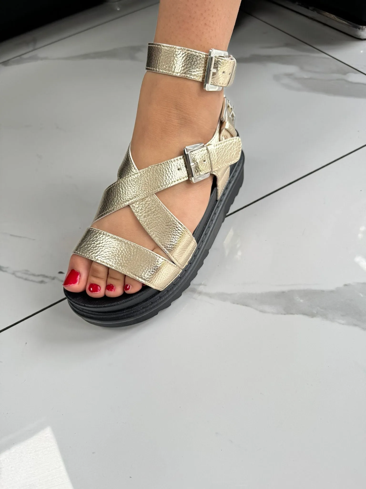 Cross Ankle Strap Chunky Sandals -Gold
