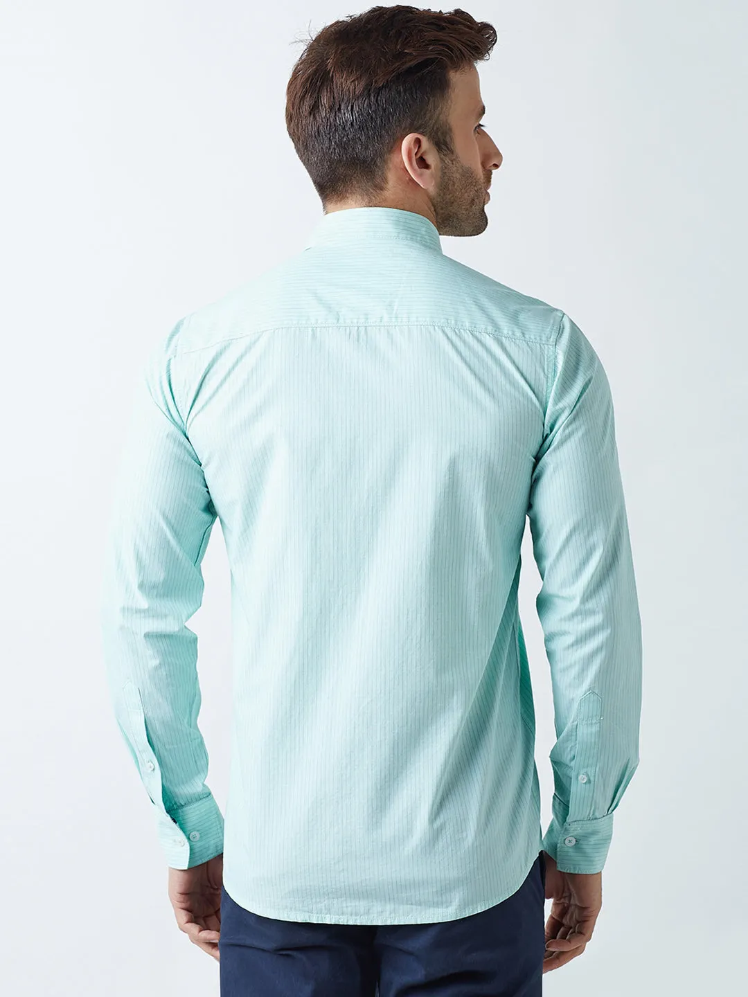 Green Striped Spread Collar Shirt