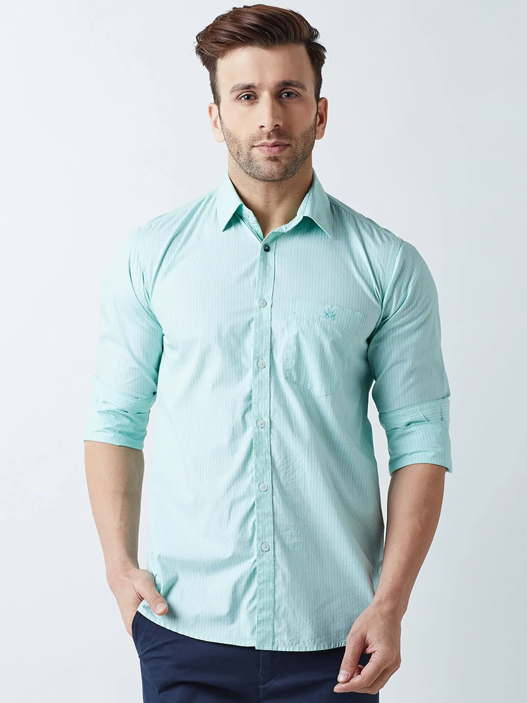 Green Striped Spread Collar Shirt