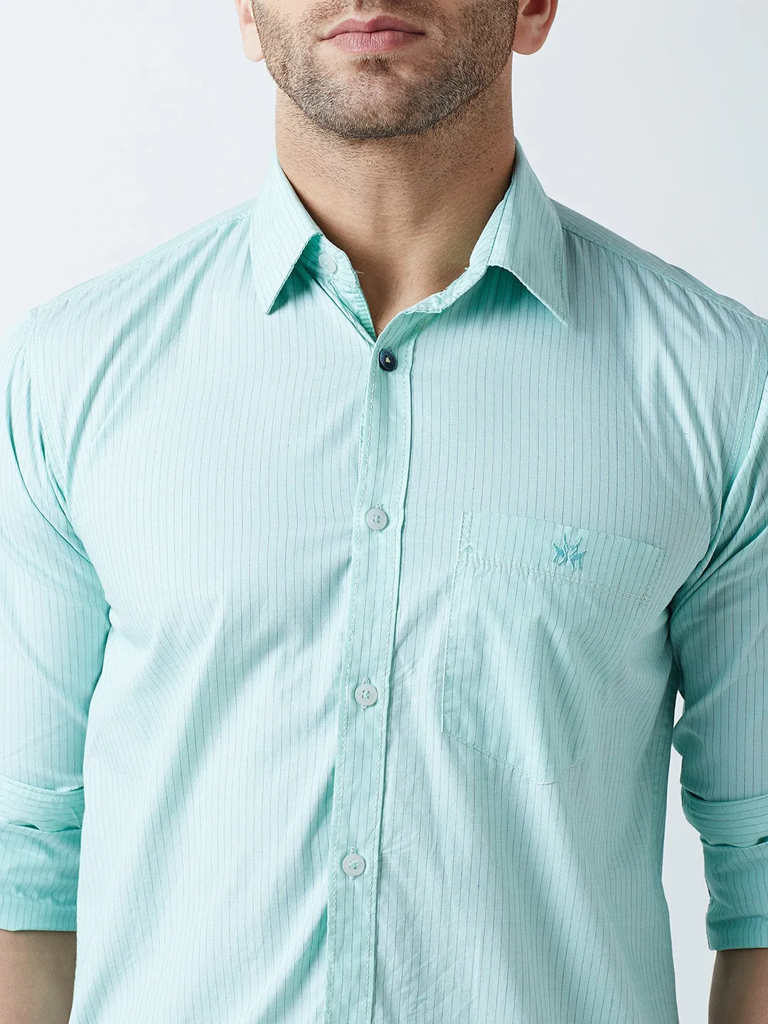 Green Striped Spread Collar Shirt
