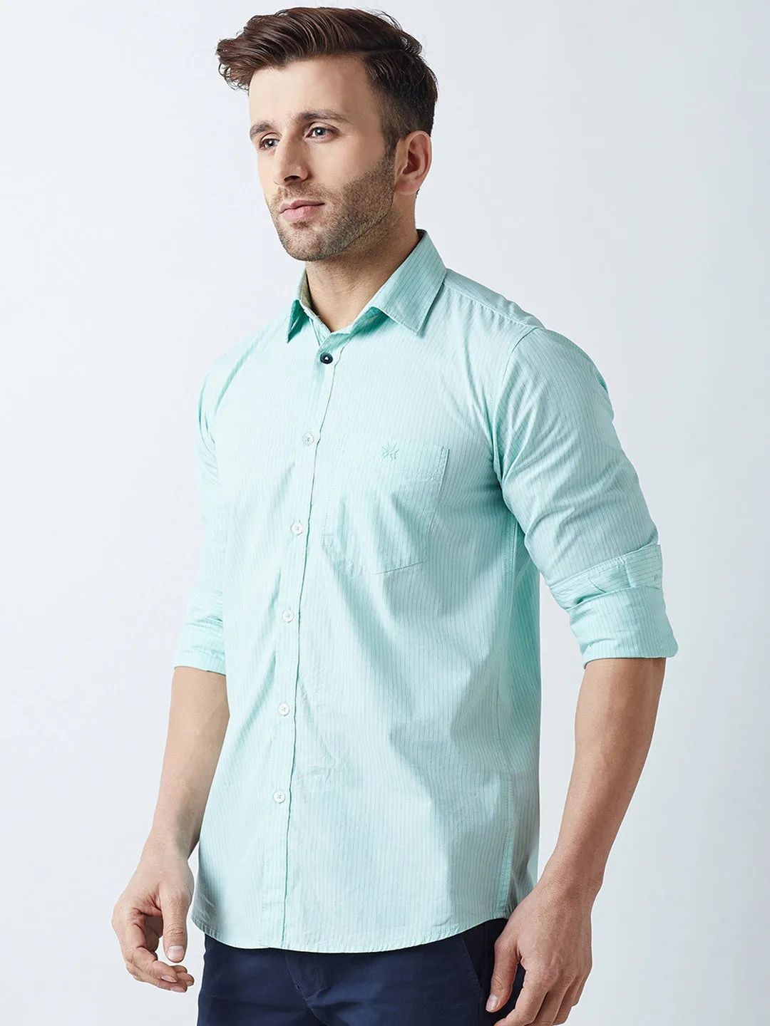 Green Striped Spread Collar Shirt