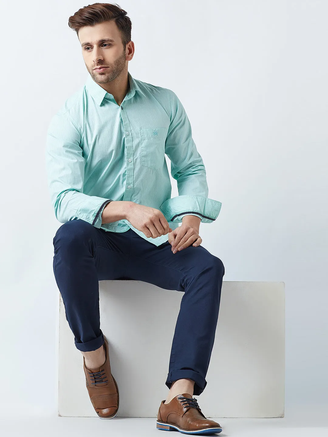 Green Striped Spread Collar Shirt
