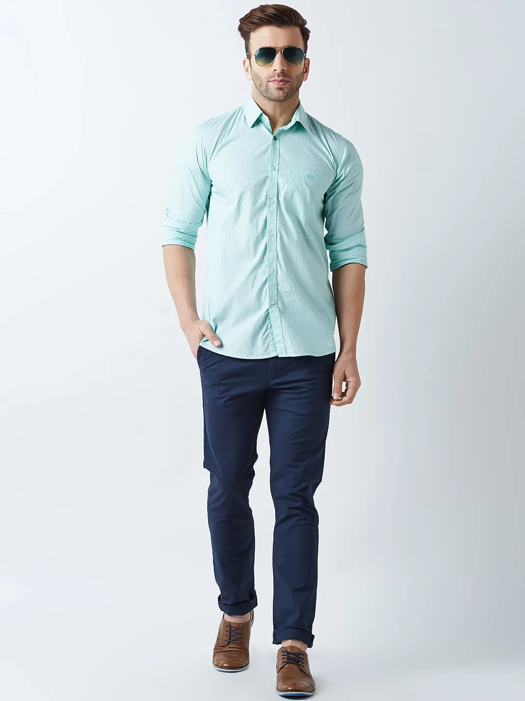 Green Striped Spread Collar Shirt