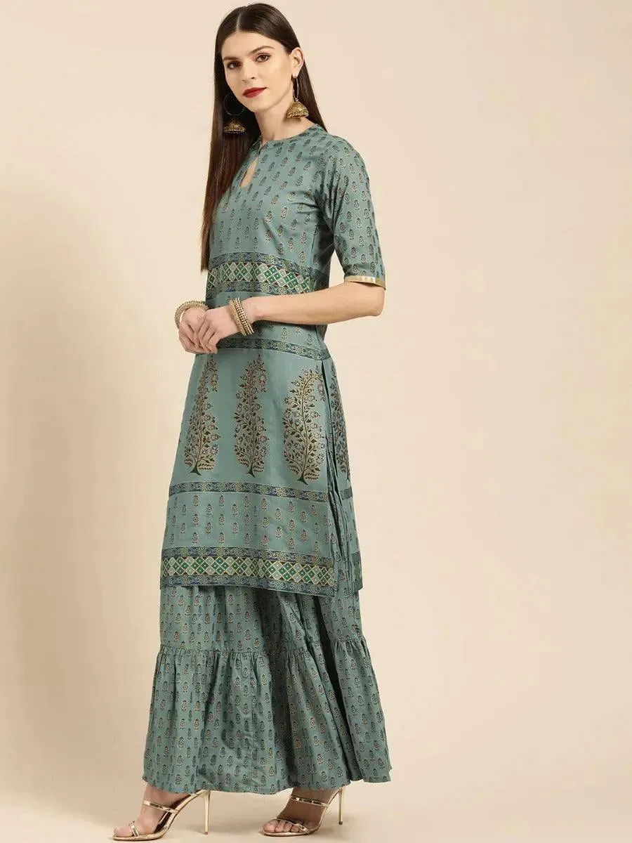 Grey Printed Cotton Straight Kurta With Skirt