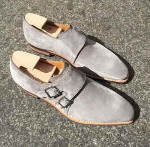 Handmade Men's Gray Suede Double Monk Strap shoes