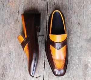Handmade Men's Two Tone Yellow Brown Leather Loafer Shoes, Men Designer Dress Formal Luxury Party Shoes