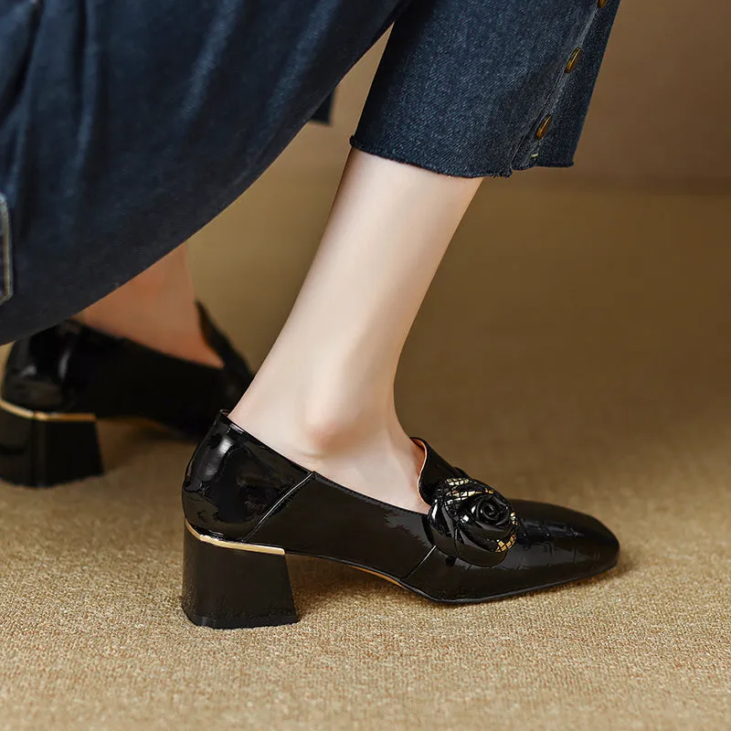 Iona Crocodile Floral Loafer Heels Black