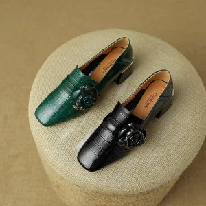 Iona Crocodile Floral Loafer Heels Black