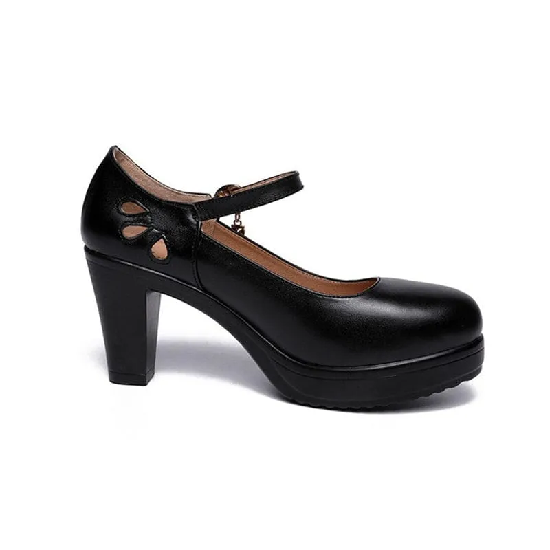 Leather Heels Med Pumps Black White Red For Office Women