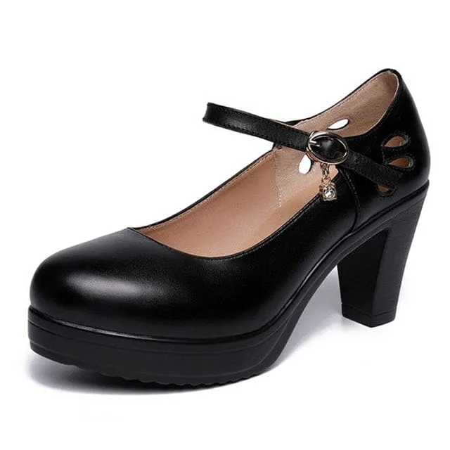 Leather Heels Med Pumps Black White Red For Office Women