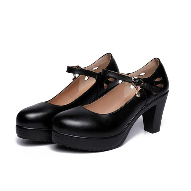 Leather Heels Med Pumps Black White Red For Office Women