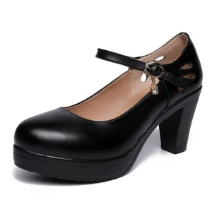 Leather Heels Med Pumps Black White Red For Office Women