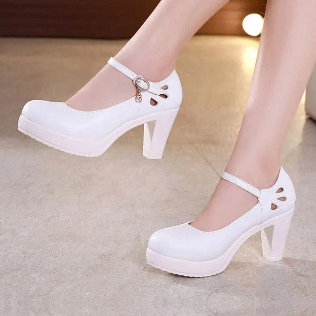 Leather Heels Med Pumps Black White Red For Office Women