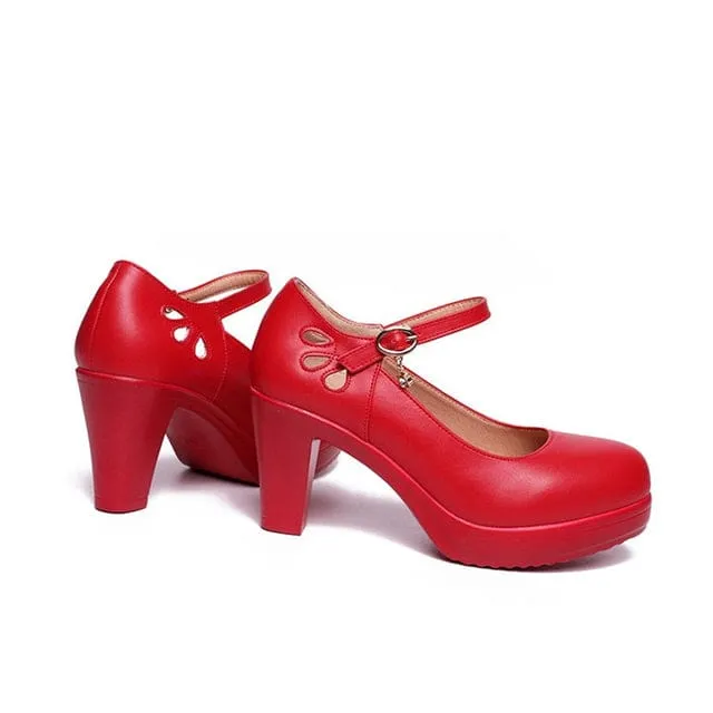 Leather Heels Med Pumps Black White Red For Office Women