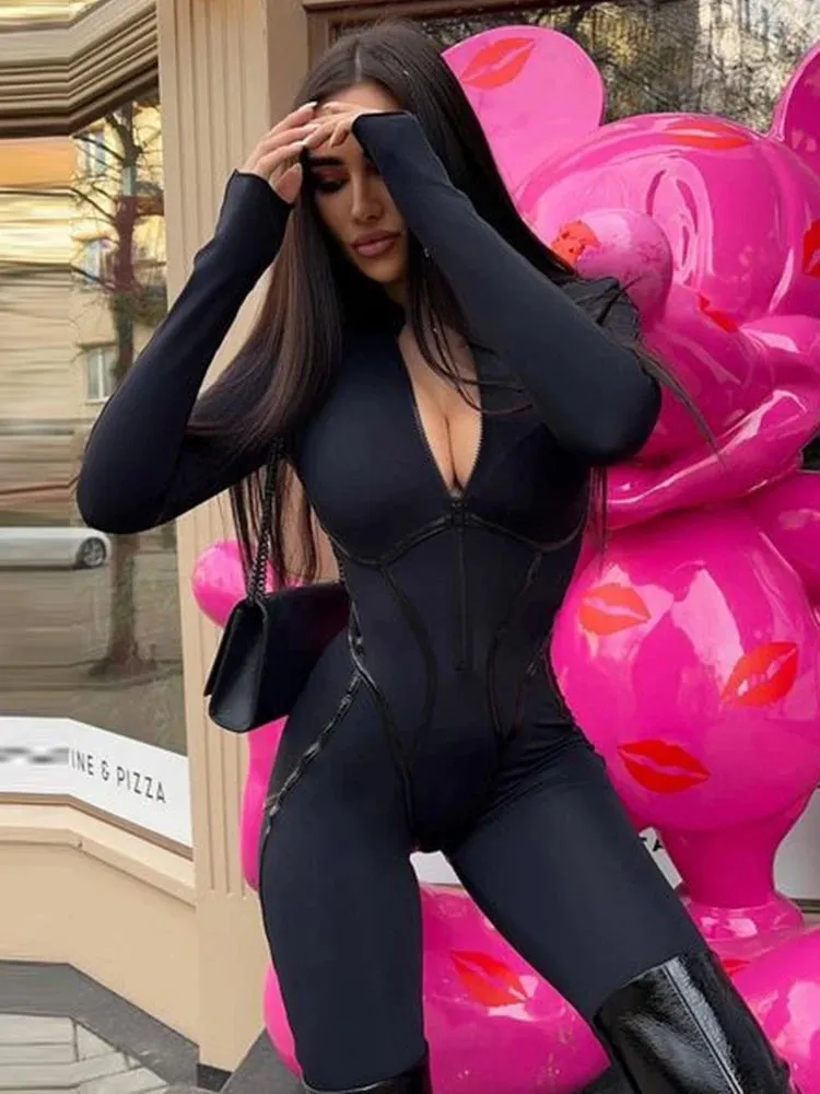 Leather Stitching Slim Jumpsuit