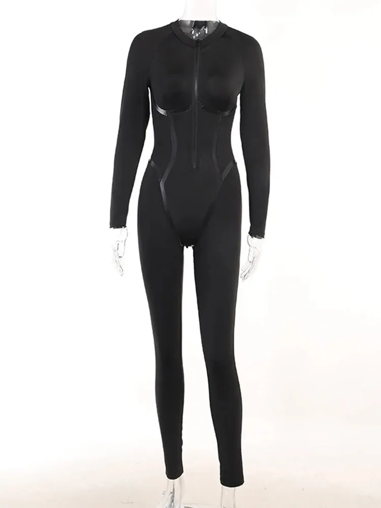 Leather Stitching Slim Jumpsuit